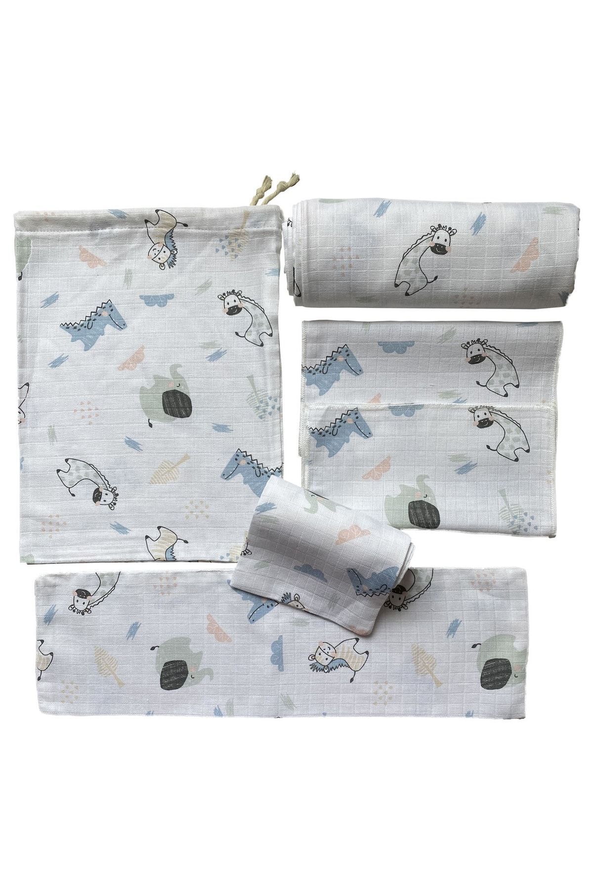 Muslin Blanket Newborn Baby Set with 6 Pieces Pouch and Happy Animals Figure