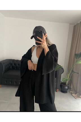 Tommes Butik Gofre Kumaş Kadın Kimono Takım - Siyah