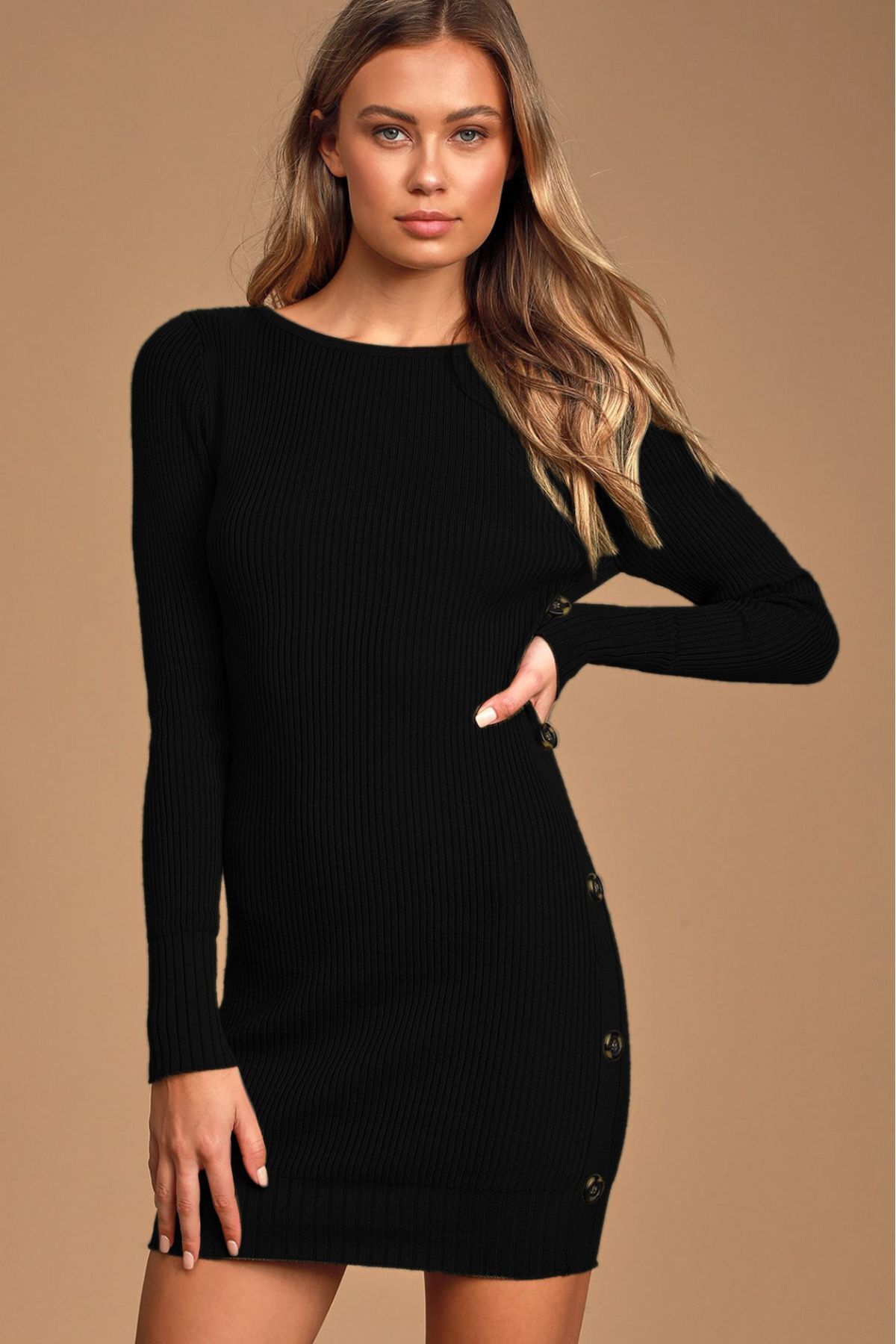 Women's Wide Neck Long Sleeve Side Button Detailed Black Knitwear Dress