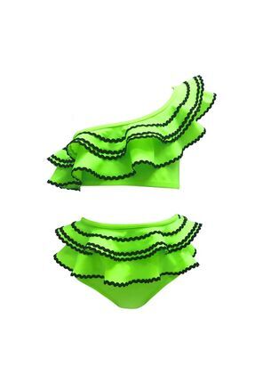 LOOK ME Tek Omuz Su Taşı Detaylı Büyük Fırfırlı Yeşil 50 Uv Kız Çocuk Bikini ...
