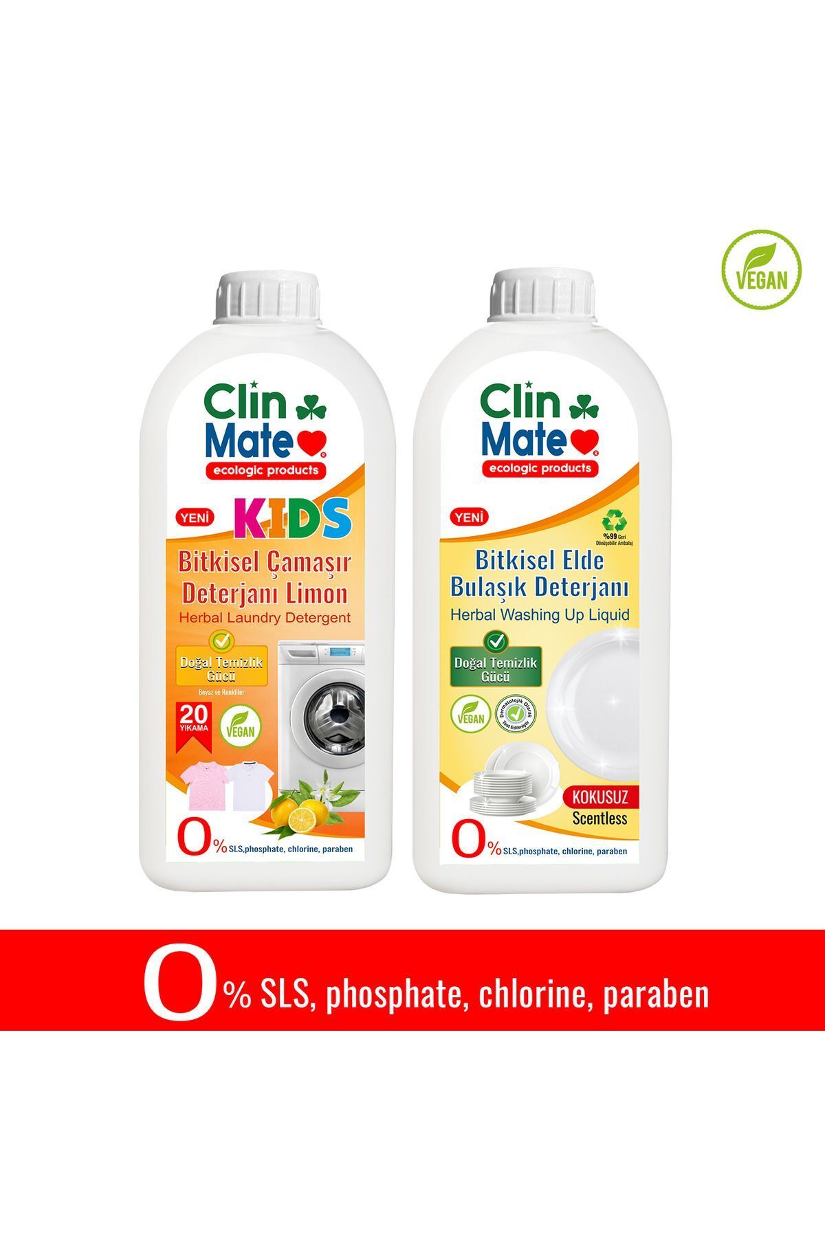 Clinmate 2'li Set Yeni Kids Bitkisel Çocuk Deterjanı Limon 750 ml 20 Yıkama + Elde Bulaşık KOKUSUZ 750 ML
