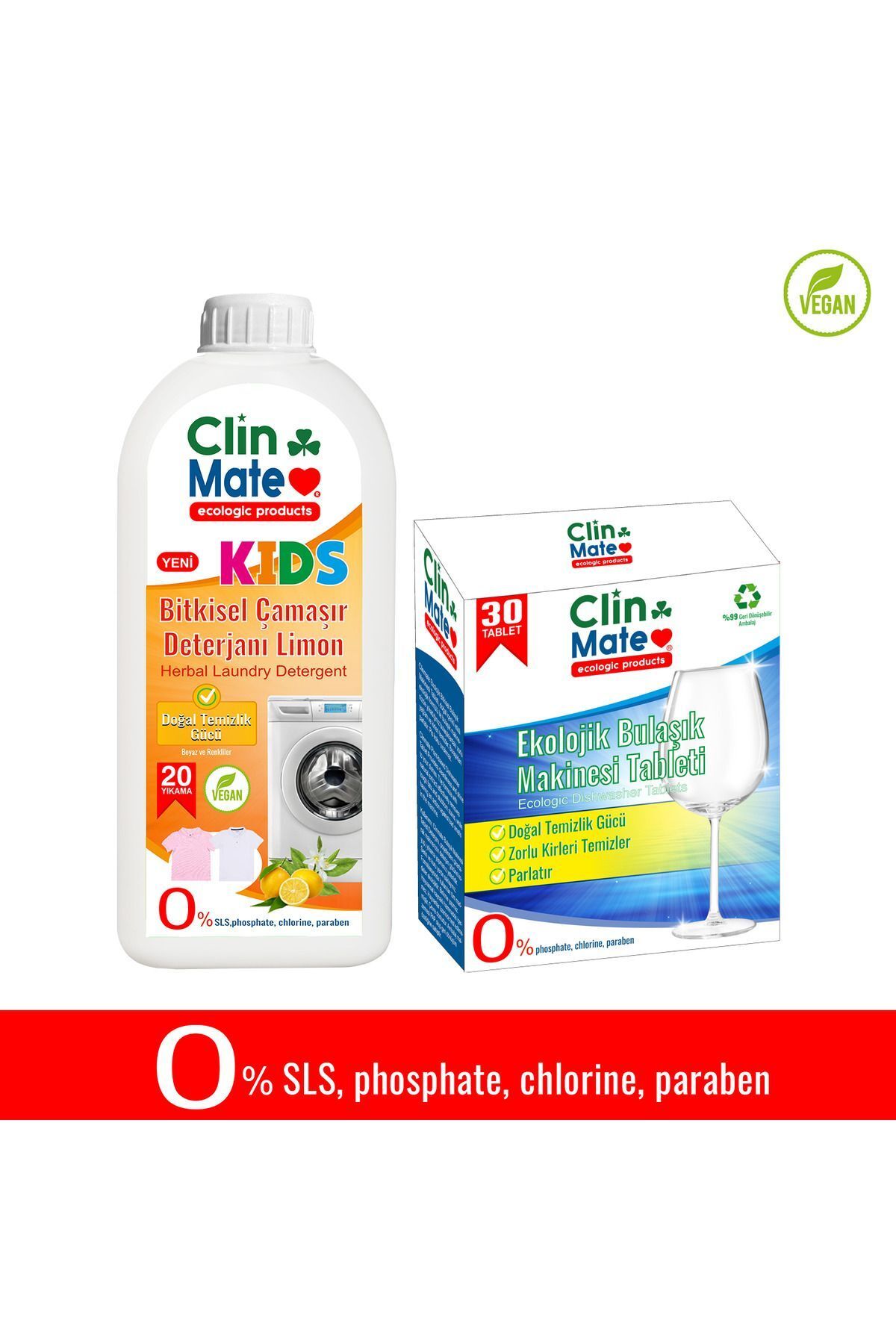 Clinmate 2'li Set Yeni Kids Bitkisel Çocuk Deterjanı Limon 750 ml 20 Yıkama + Ekolojik Bulaşık Tableti
