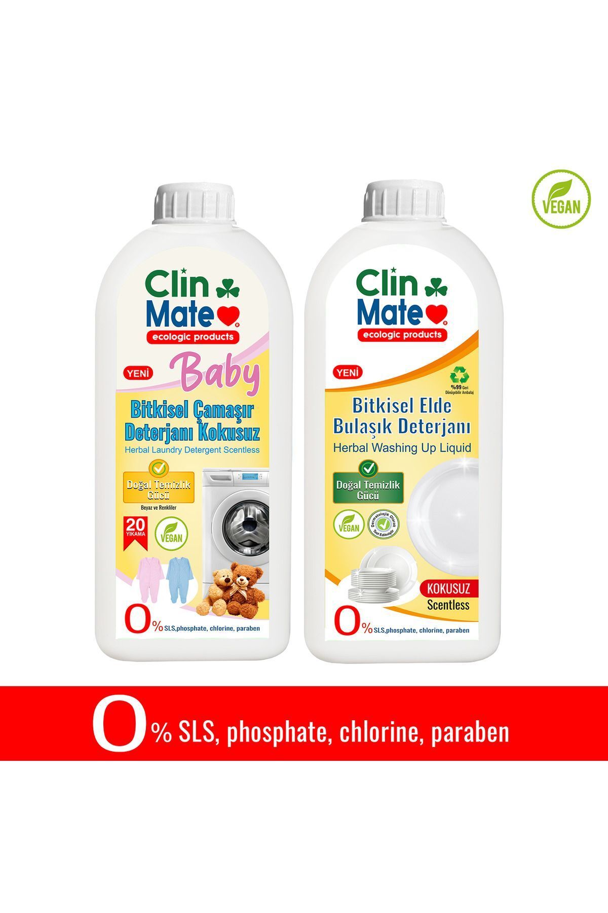 Clinmate 2'li Set Yeni Baby Bitkisel Bebek Çamaşır Deterjanı KOKUSUZ + Elde Bulaşık Deterjanı KOKUSUZ 750 ml