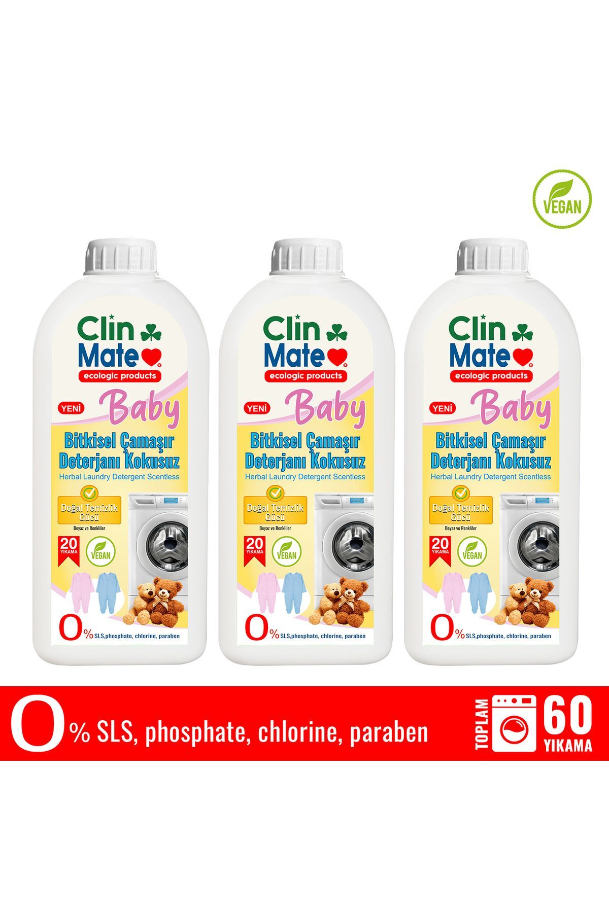 Clinmate 3'lü Set Yeni Clinmate Ekolojik Baby Bitkisel Bebek Çamaşır Deterjanı KOKUSUZ 750 ml 60 yk
