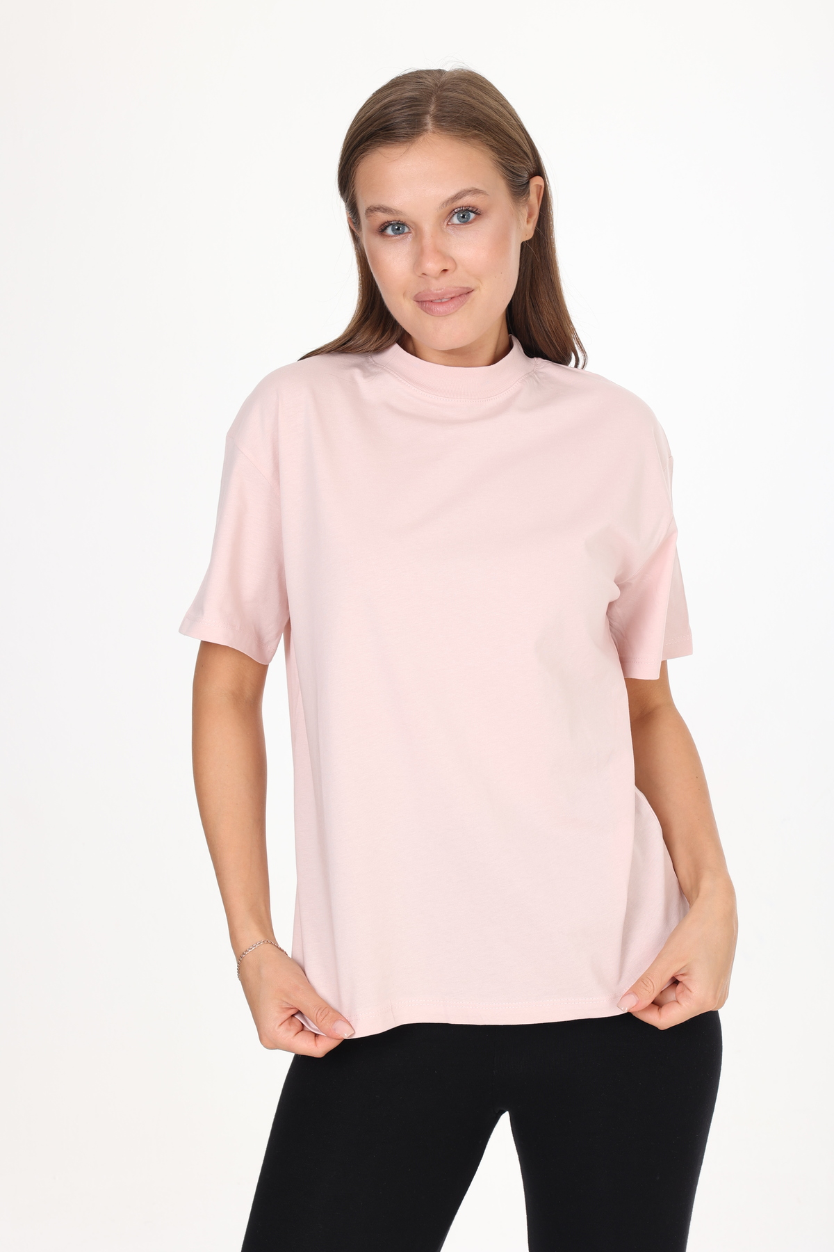 100% Organic Cotton Women's Open Powder Knitted Upright Neck T-shirt with Basic Rib Half Fisherman