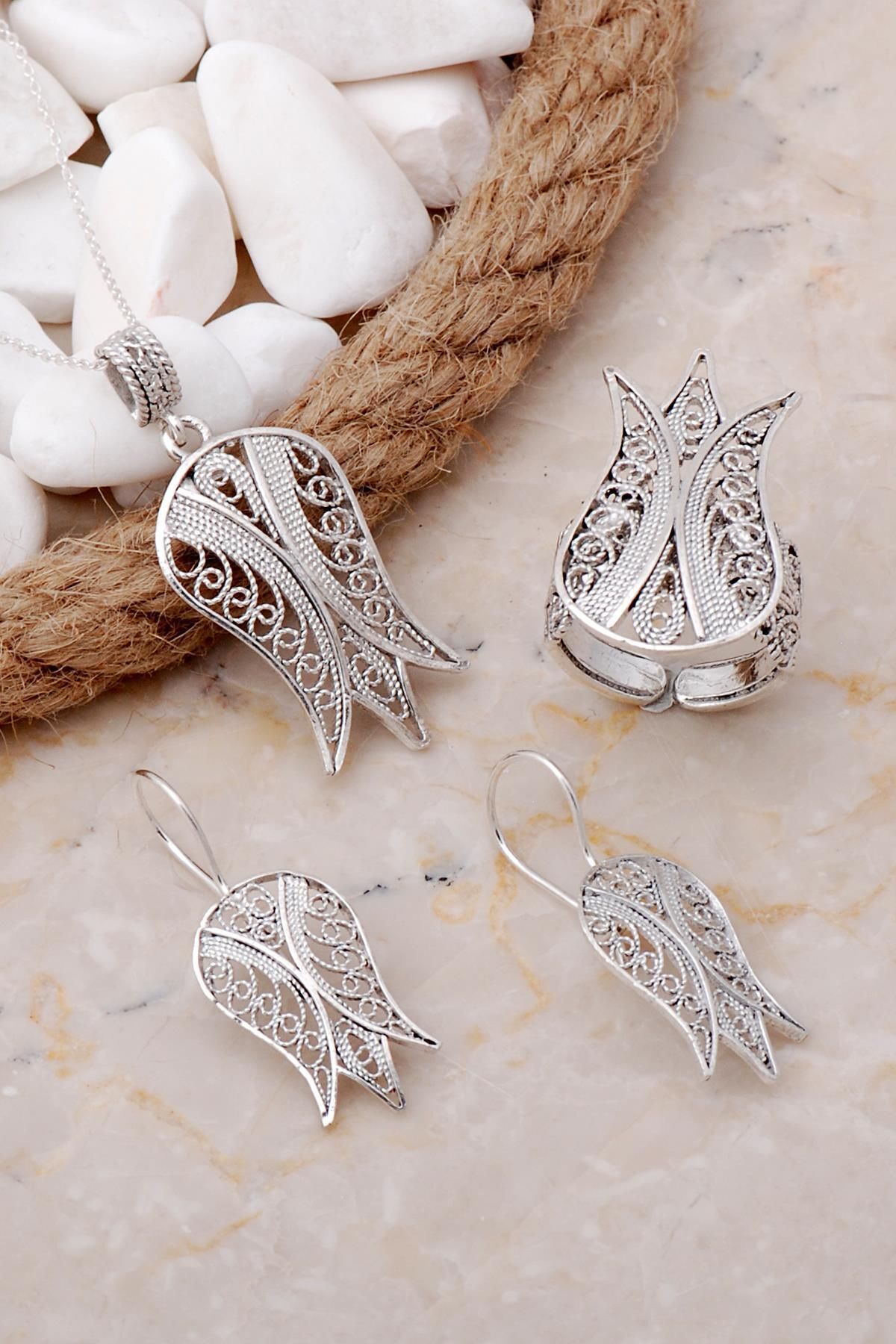 Sümer Telkari Laleli Telkari Elişi Gümüş Set 2561