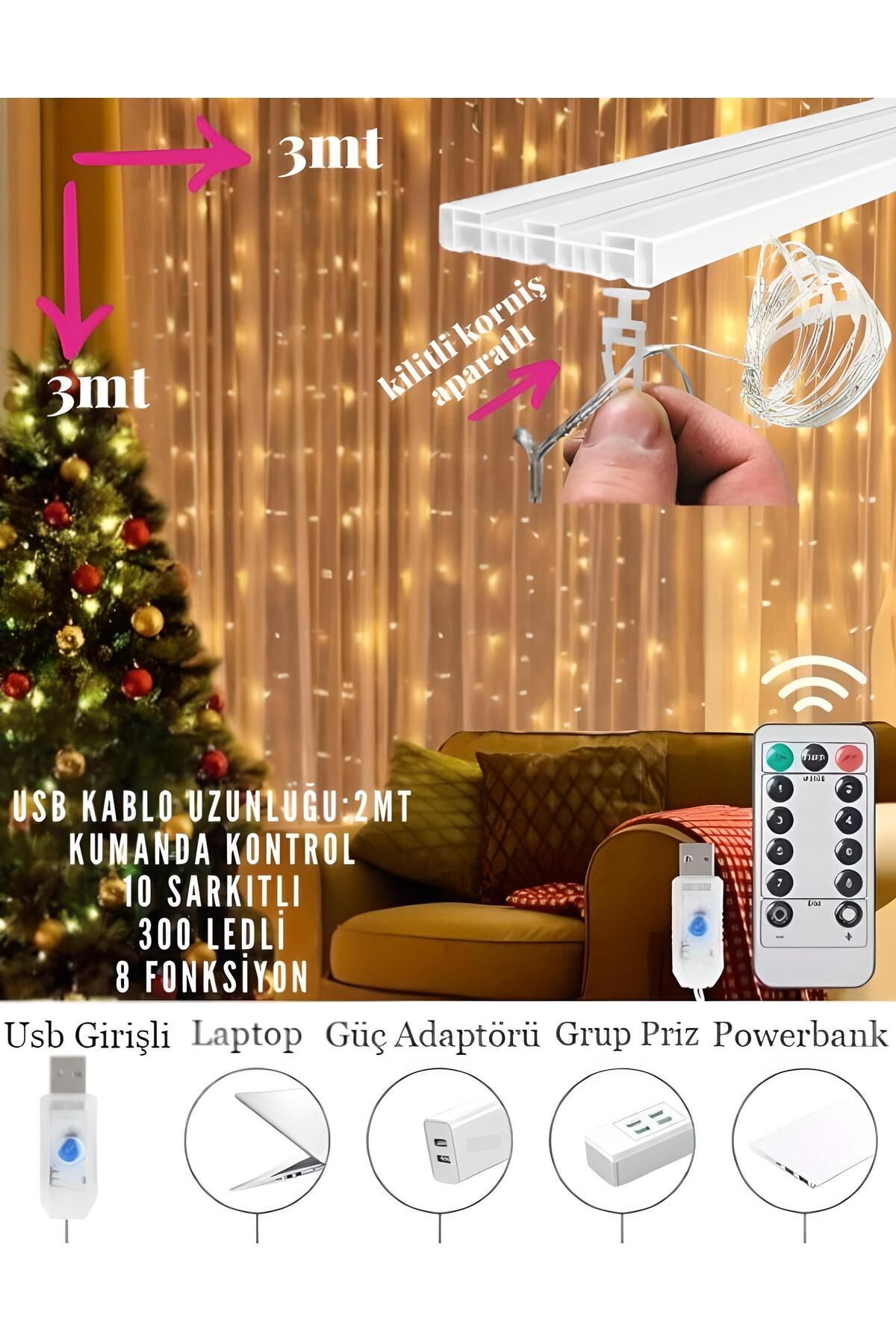 nextbuy Perde Led 3mx3m Kumandalı 8 Fonksiyonlu 300 Led 10 Sarkıtlı Usb ...