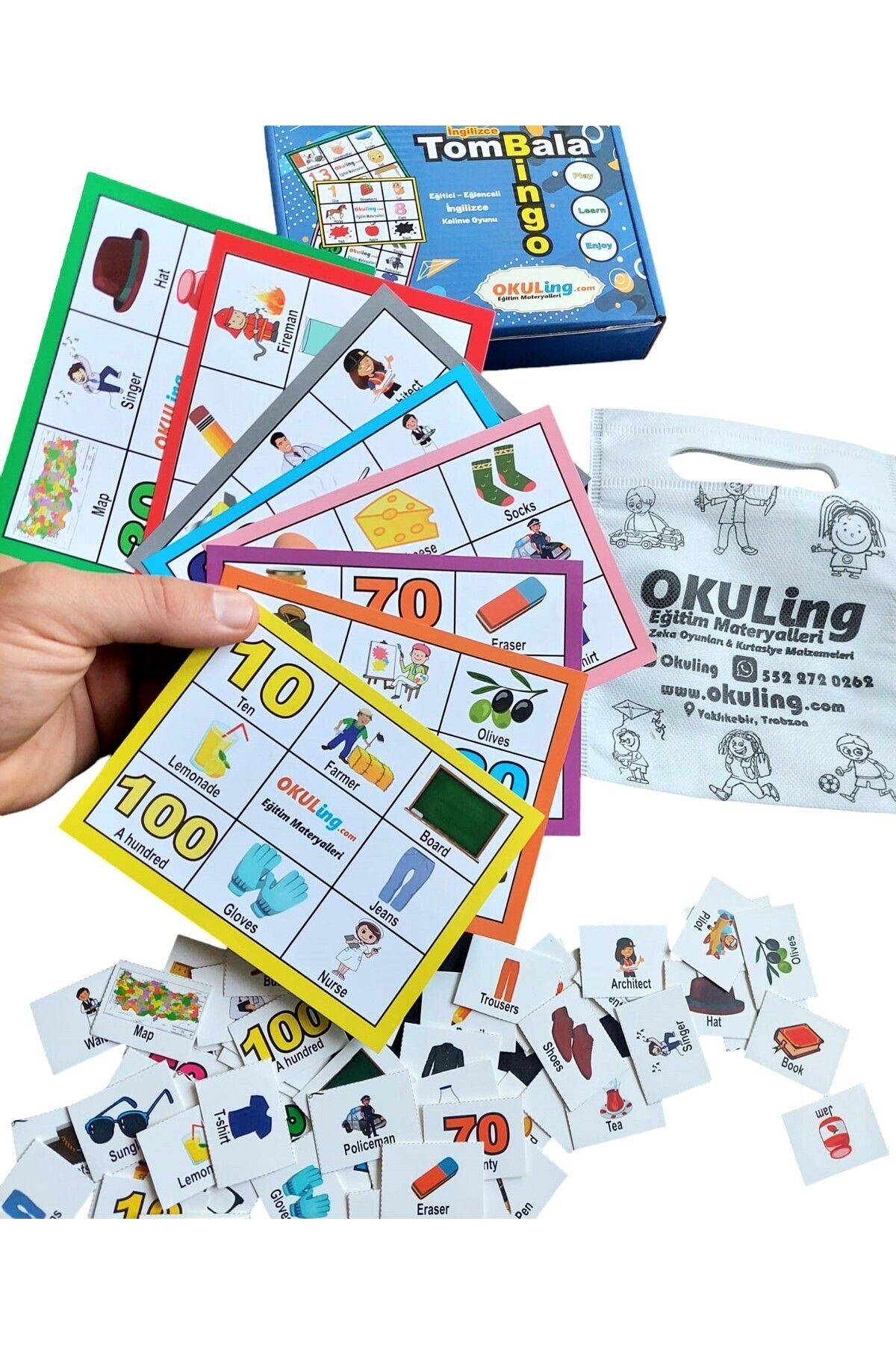 Okuling Bingo - İngilizce Tombala - Sayılar - Meslekler - Okul - Elbiseler - Yiyecekler