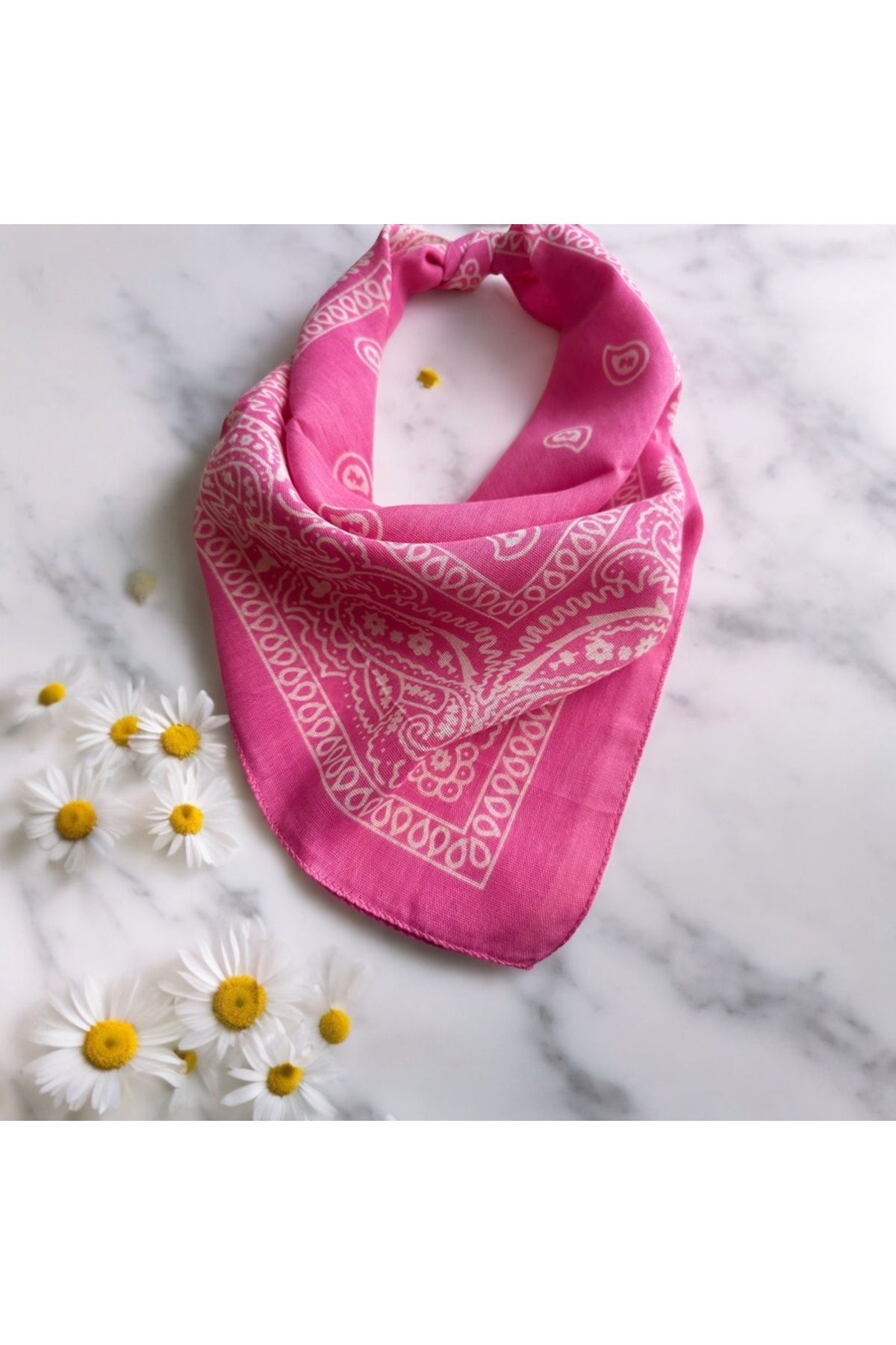 Kadın Pembe Renk Etnik Desenli %100 Koton Bandana, Saç Bandı