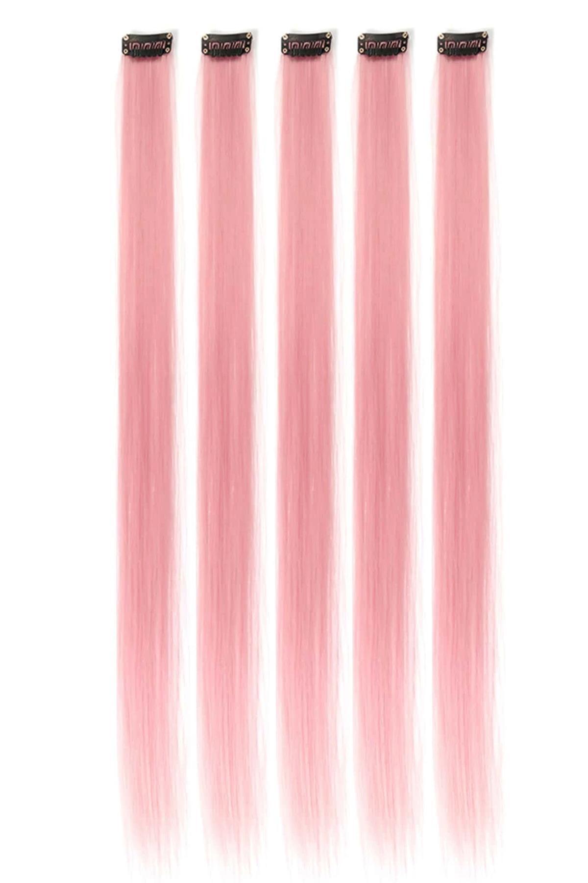 New Obsessions Uzun Düz Sentetik Saç Uzatma Çıt Çıt Postiş - 5'li Paket Pembe
