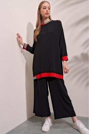 Kadın Siyah Kırmızı Çizgi Detay Pantolon Tunik Takım 21-1YB0725