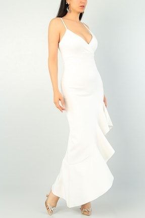 Kırık Beyaz Renk Etek Ucu Volanlı Ince Askılı Abiye Elbise TKN-EMR-090