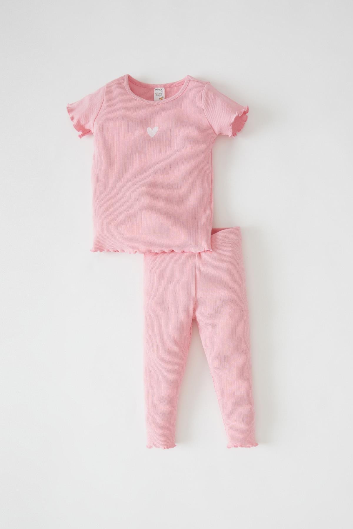 Kız Bebek Kalp Baskılı Fitilli Esnek Dokulu Kısa Kollu Pijama Takımı V9614A221HS
