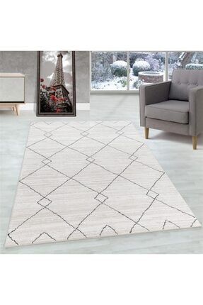 Modern Yumuşak Salon Halısı Berber Stil Kare Çizgi Kilim Desenli Halı Krem TAZNAXT5109CREAM