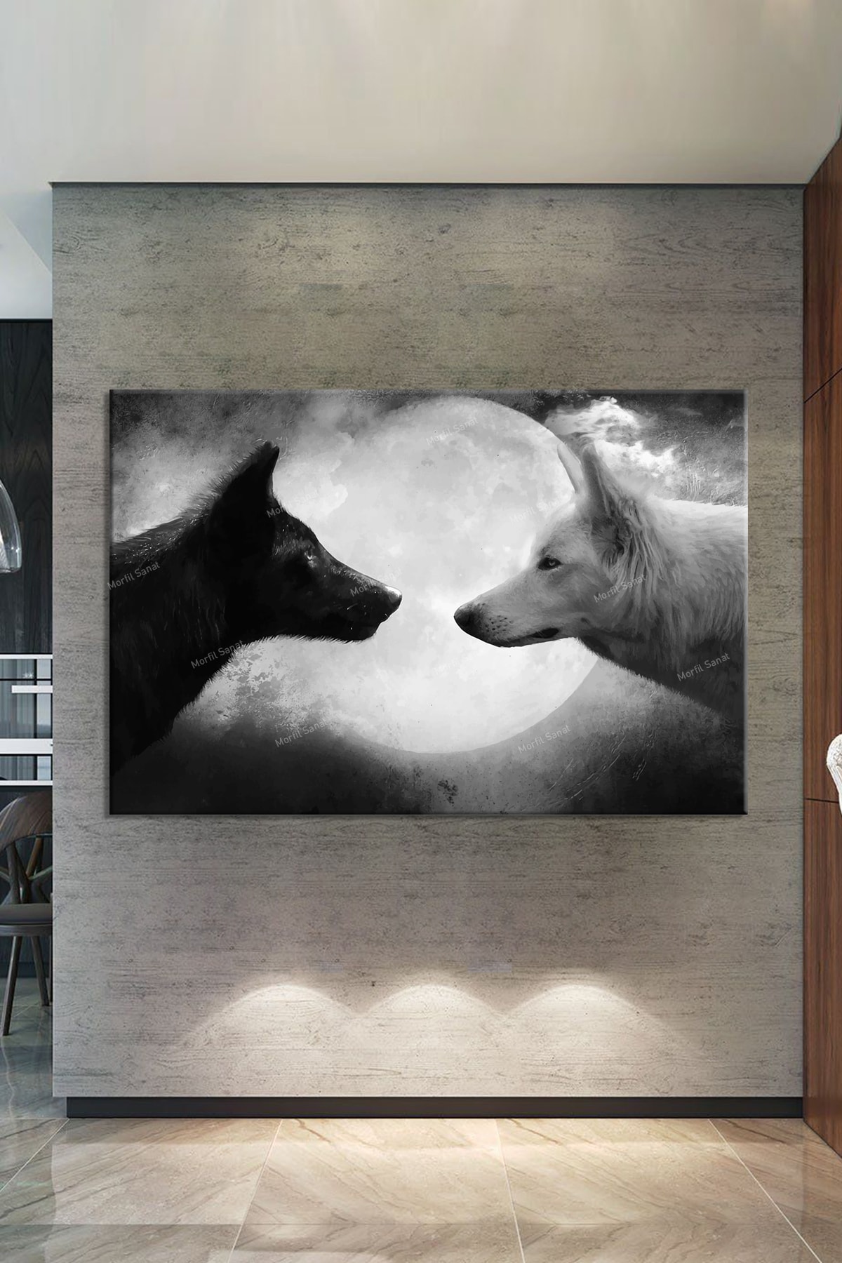 Siyah Beyaz Kurt Ay Işığında Dekoratif Kanvas Tablo