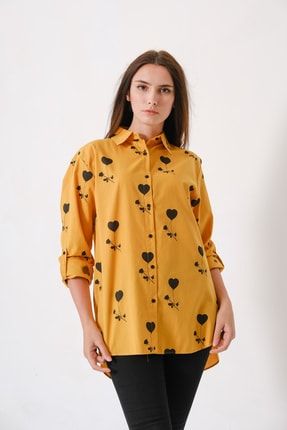 Kadın Gömlek Uzun Kalp Desenli Poplin Salaş Cepsiz Rahat %100 Pamuk Özel Tasarım TX39B6056F517