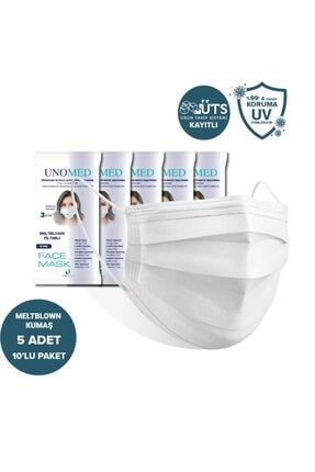 Beyaz 3 Katlı Ultrasonik Meltblown Filtreli 10'lu 5 paket Cerrahi Maske-Burun Telli UNM-BMB01-50