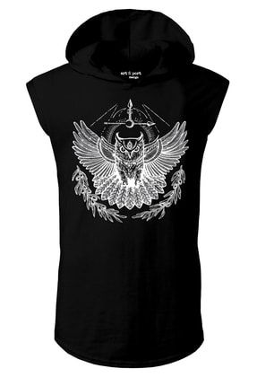 Unisex Siyah Minerva Baykuş Tasarım Kapşonlu Kolsuz T-shirt ART325