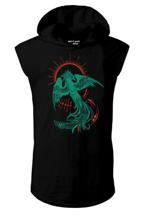 Unisex Siyah Anka Kuşu Tasarım Kapşonlu Kolsuz T-shirt ART342