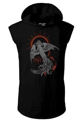 Unisex Siyah Anka Kuşu Tasarım Kapşonlu Kolsuz T-shirt ART344