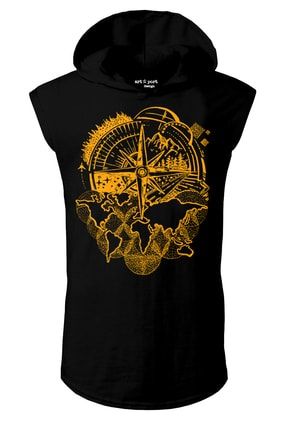 Siyah Pusula Tasarım Kapşonlu Kolsuz T-shirt ART351