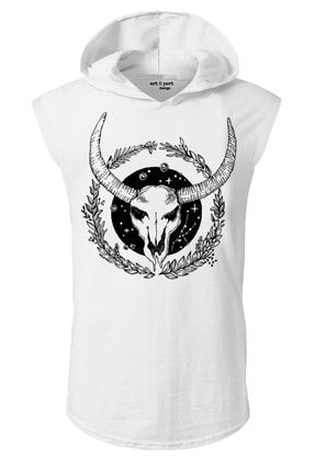 Unisex Beyaz Tasarım Kapşonlu Kolsuz T-shirt ART355