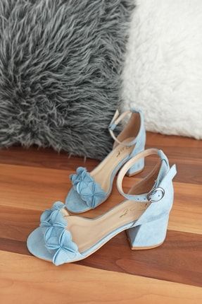 Mavi Süet Çiçekli Topuklu Ayakkabı ob-16-01