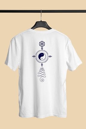 Unisex Beyaz Yin Yang Sırt Baskılı T-shirt ART592