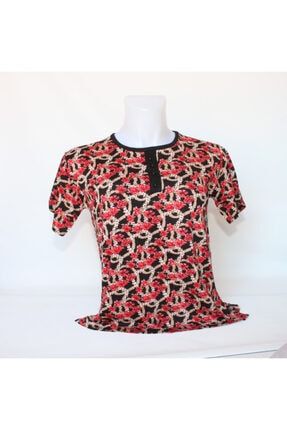 Kadın Yuvarlak Yaka 4 Düğme Süslemeli Siyah Üzerine Kırmızı Çiçek Süslemeli Uzun Kol Anne Penye Bluz nurullah0017
