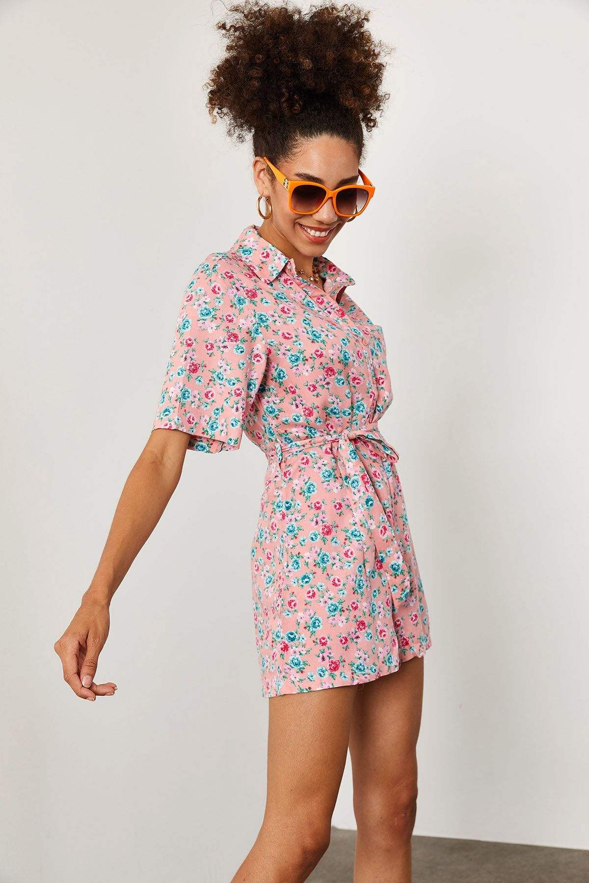 XHAN-Women's Pink Floral Patterned Jumpsuit 1YZK2-11973-20 2