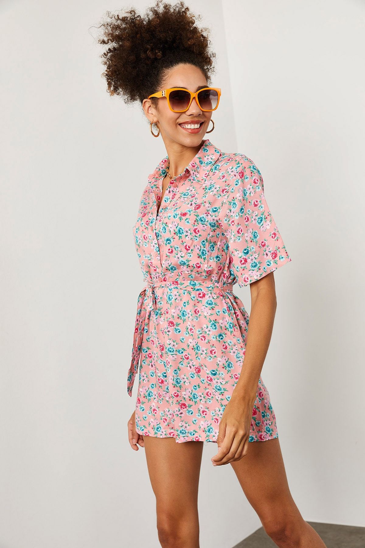 XHAN-Women's Pink Floral Patterned Jumpsuit 1YZK2-11973-20 6