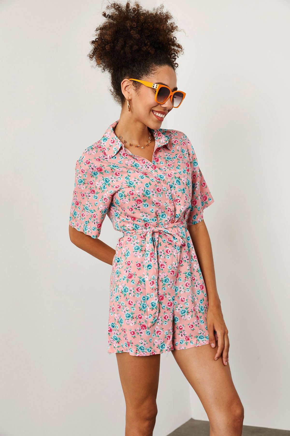 XHAN-Women's Pink Floral Patterned Jumpsuit 1YZK2-11973-20 7