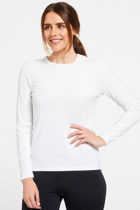 Kadın Beyaz Düz, Baskısız Bisiklet Yaka Uzun Kollu Penye T-shirt 1M2BW000AB