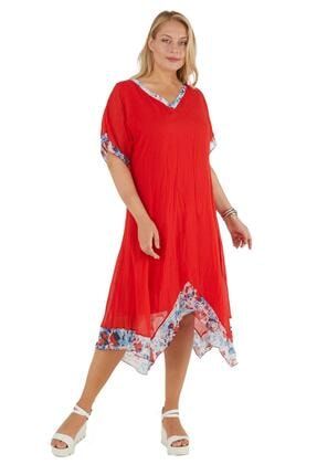 Kadın Büyük Beden Elbise Lm24391 V Yaka Kısa Kol Simetrik Diz Altı Pamuk Kırmızı Beyaz Turkuaz 703600100015