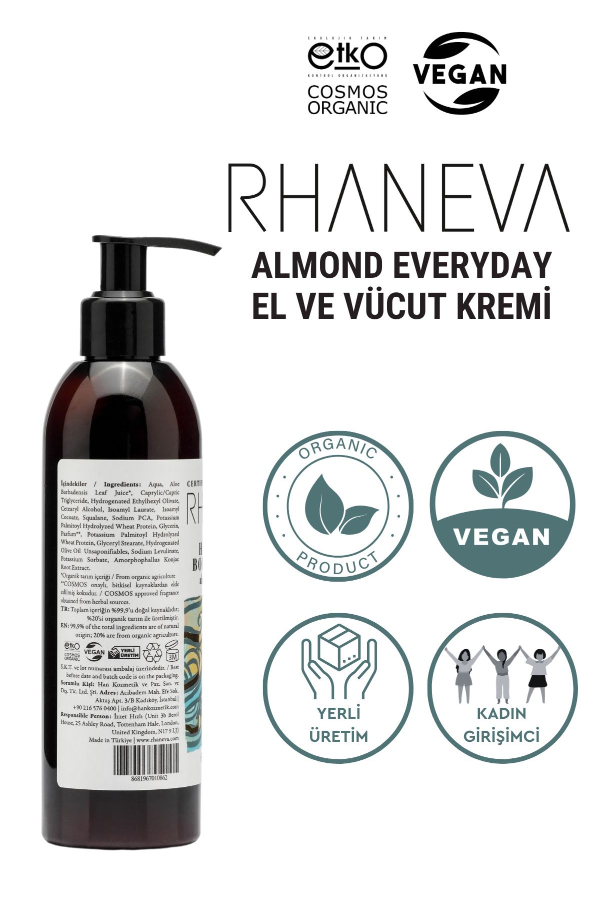 RHANEVA-Almond Everyday - 250 ml Organic and Vegan Hand and Body Lotion 4