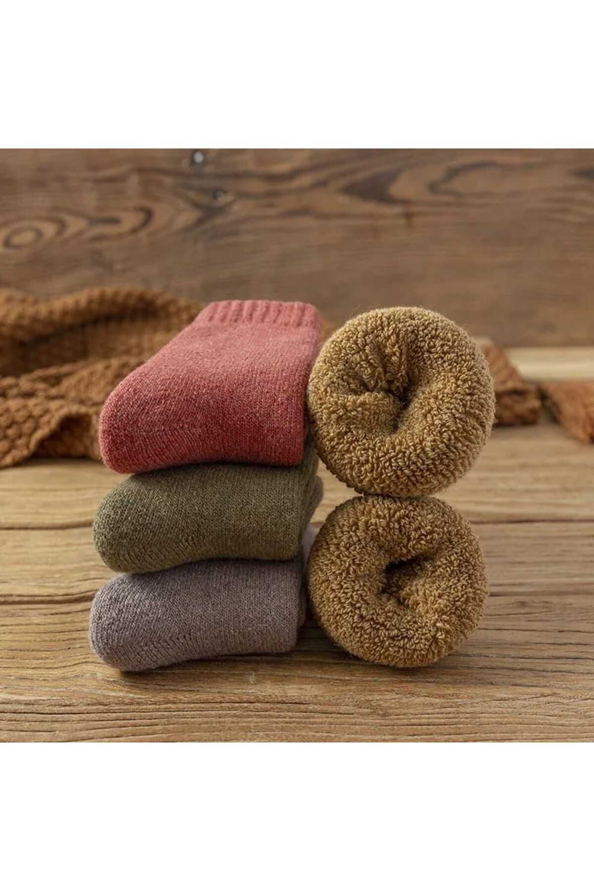 SOYTEMİZ-Plain Mixed Color Winter Towel Socks 4 Pairs 5