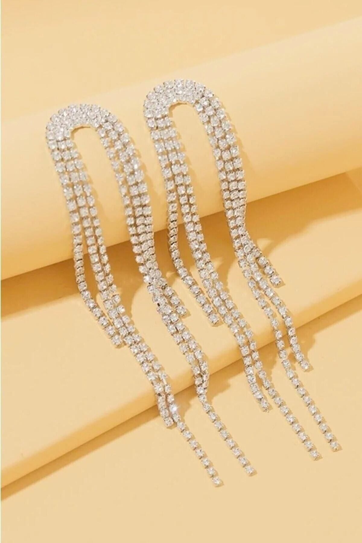 Püsküllü Uzun Sallantılı Zirkon Taşlı Parıltılı Su Yolu Abiye Küpe (6 CM) 2