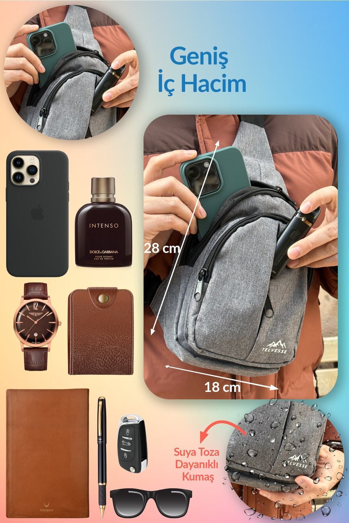 Burgos Unisex 3 Bölmeli Su Geçirmez Çapraz Askılı Bel Omuz Çanta Göğüs Günlük Bodybag M2 Gri