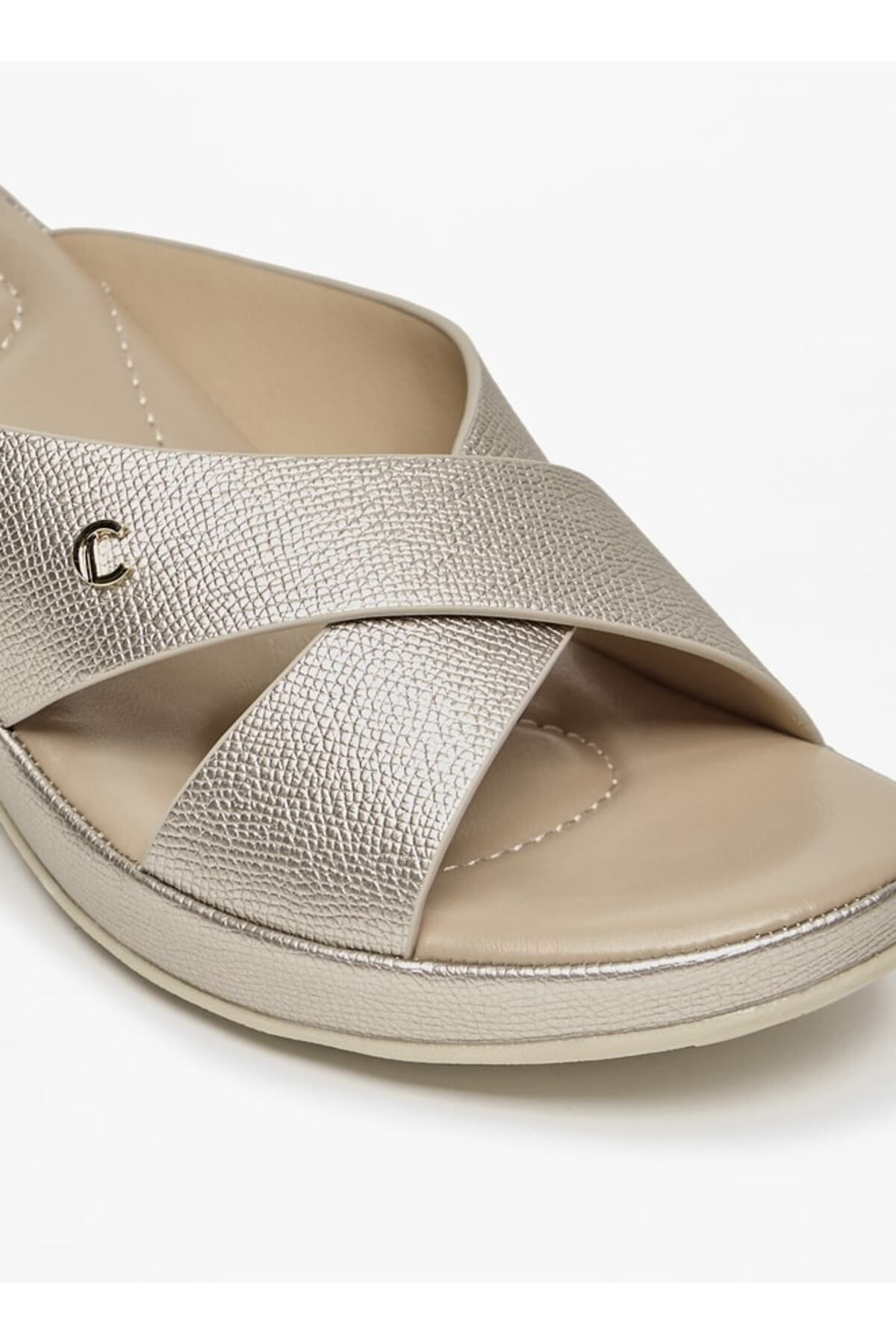 Le Confort-Textured Cross Strap Slip-On Sandals with Wedge Heel 5