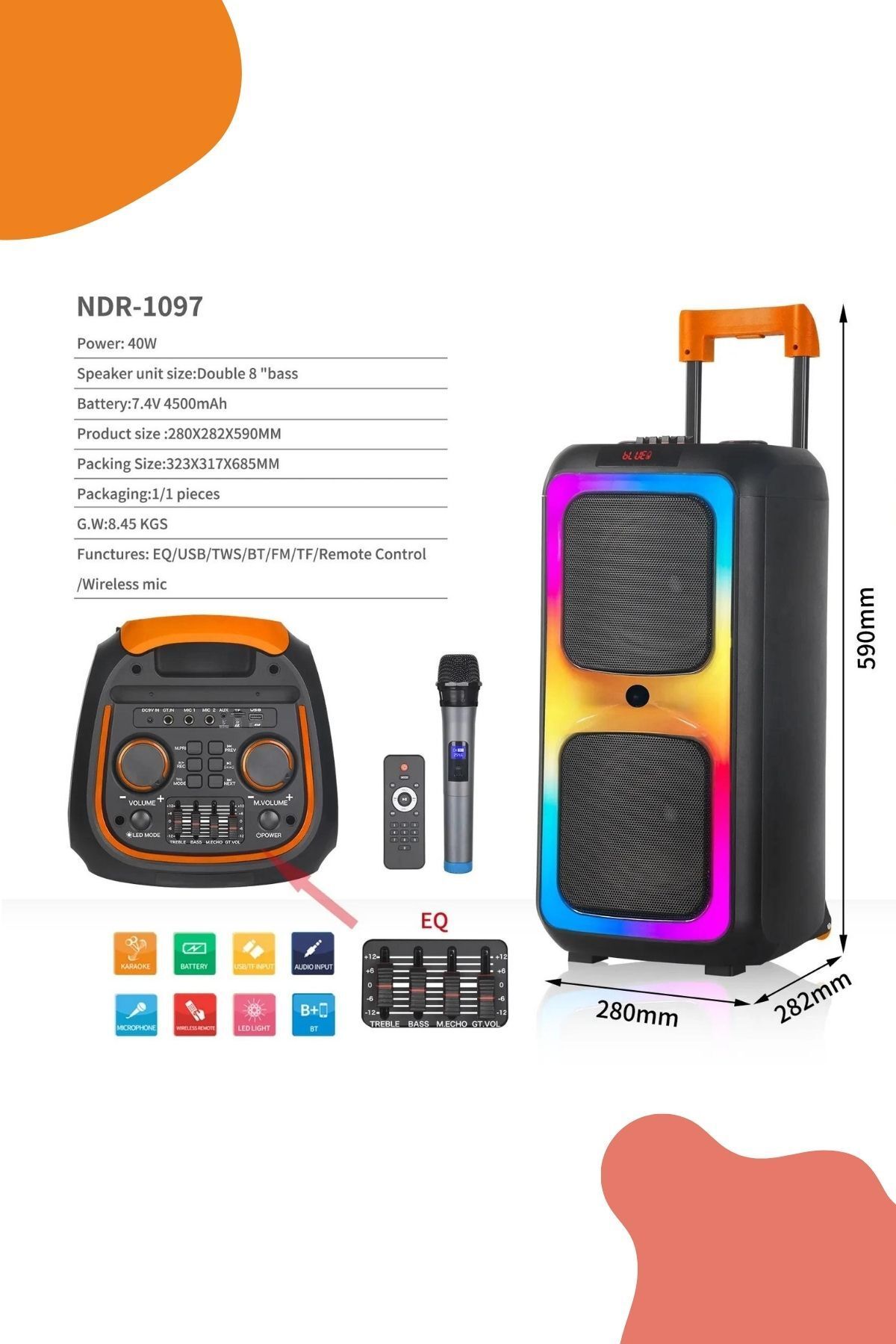 Bluetooth Hoparlör Parti Hoparlörü Karaoke Mikrofon Hediyeli Işıklı Ses BombasıUsbSd Girişli NDR1097