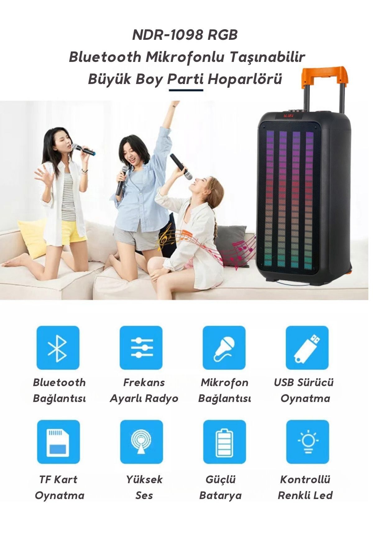 Bluetooth Hoparlör Parti Hoparlörü Karaoke Mikrofon Hediyeli Işıklı Ses Bombası  Usb Sd Girişli