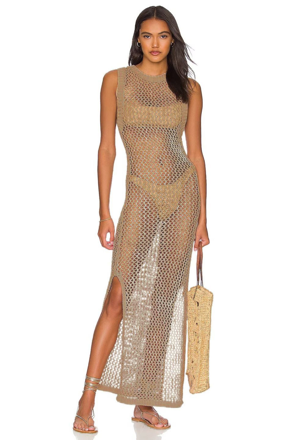 Women's Crew Neck Sleeveless Slit Fishnet Long Camel Beach Dress with Rope Strap and Back Neckline