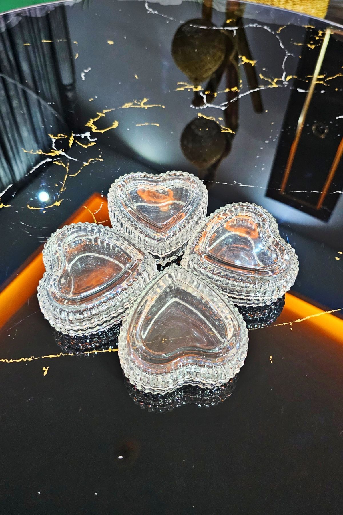 4 lü Kalpli Origami Desen Kahve Yanı Lokumluk | Kalpli Cam Lokumluk Sunumluk | Kalpli Şekerlik