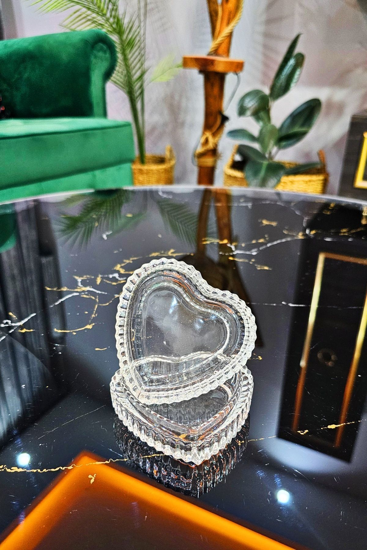 Kalpli Kapaklı Origami Desen Kahve Yanı Lokumluk | Kalpli Cam Lokumluk | Kalpli Şekerlik