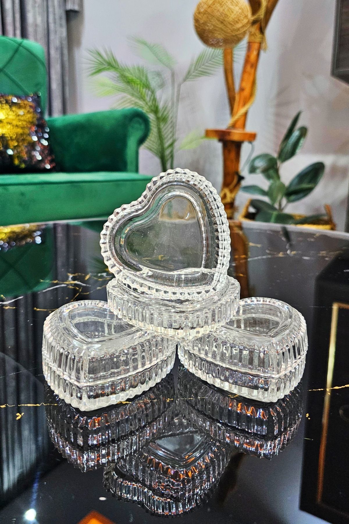 3 lü Kalpli Origami Desen Kahve Yanı Lokumluk | Kalpli Cam Lokumluk Sunumluk | Kalpli Şekerlik