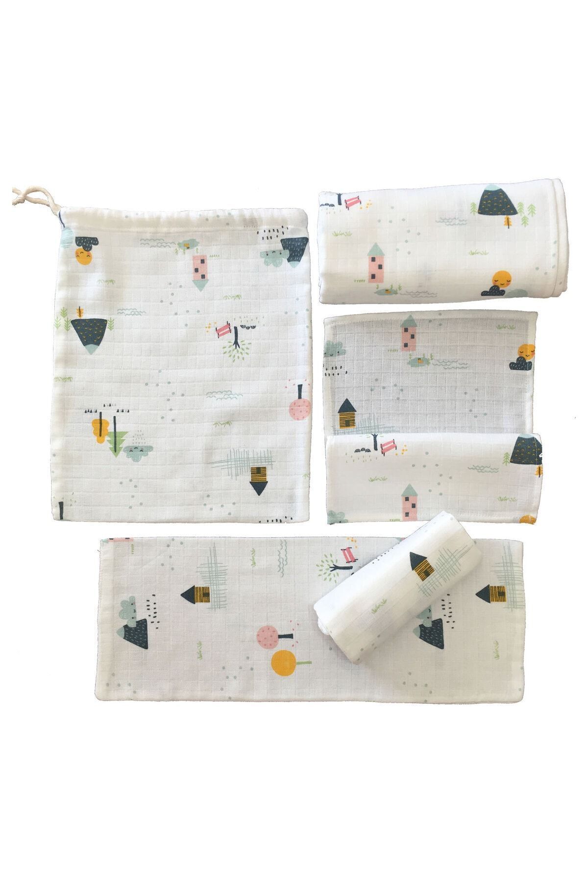 Multi-Purpose Muslin Cover 100x80cm And 2 Handkerchiefs 2 Shoulder Cloths 1 Pouch Baby Set Total 6 Pieces Our Village