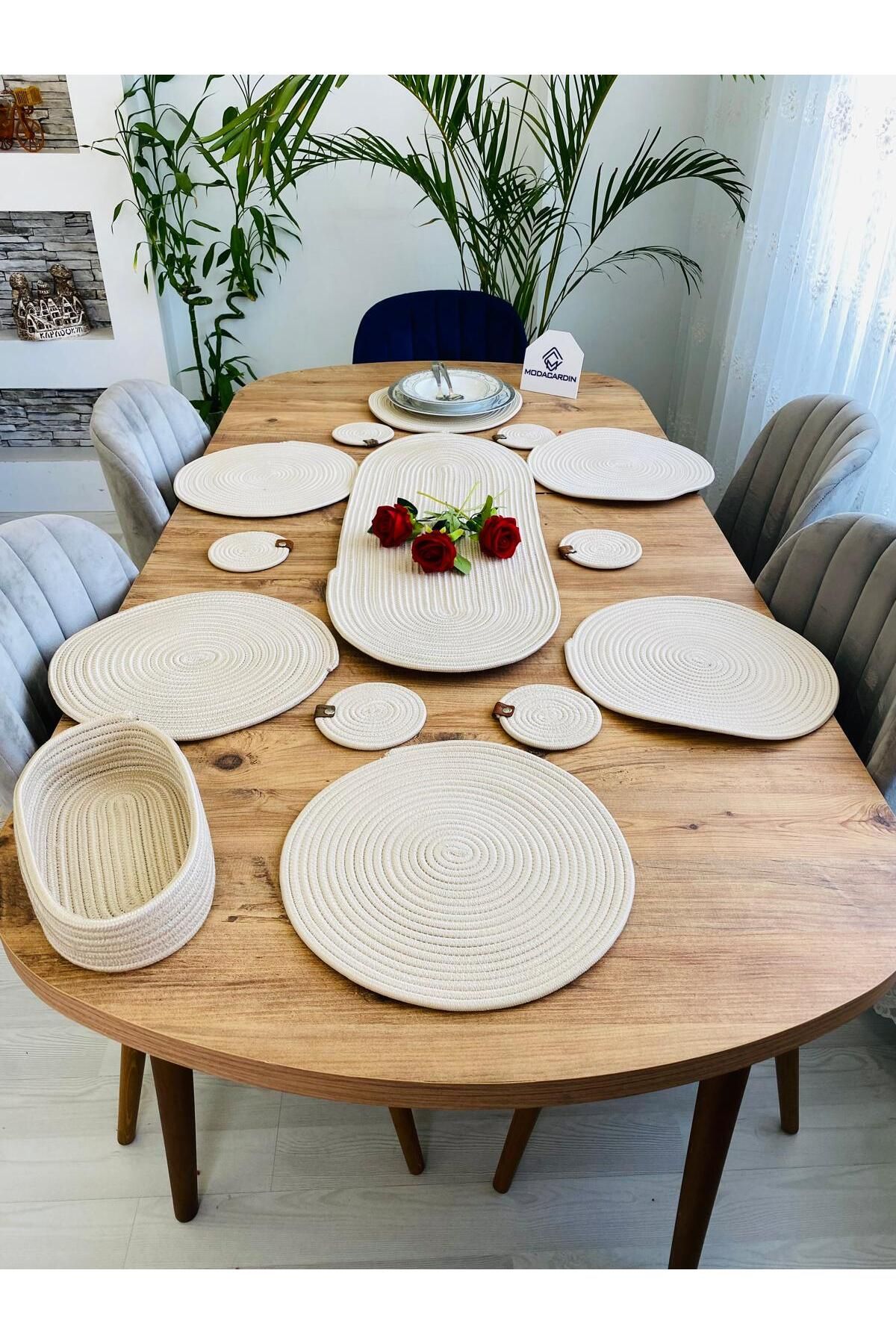 ModaCardin Set De Masă Decorativă Din Iută Și Răchită American Service - 6'subla 6'suport Pentru Pahare, 1'coș 1'runner - One Size