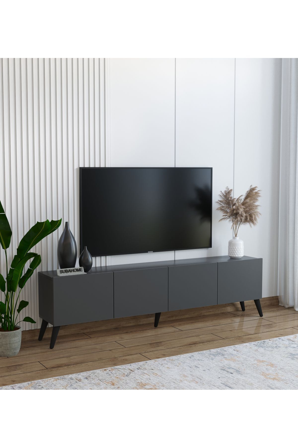 Anthracite Ergonomic 4 Door Mdf Tv Unit 160 X 30 X 45 - Modern And Functional Design