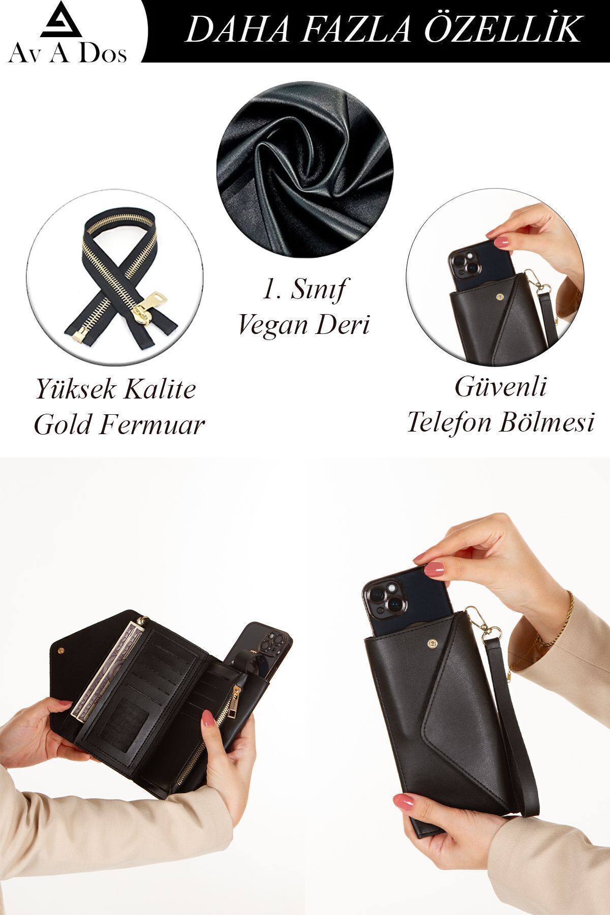 Av A Dos Deri Kadın Cüzdan Telefon Bölmeli Nakit Bozuk Bölmeli Bilek Kol El Askılı Cüzdan görsel 3