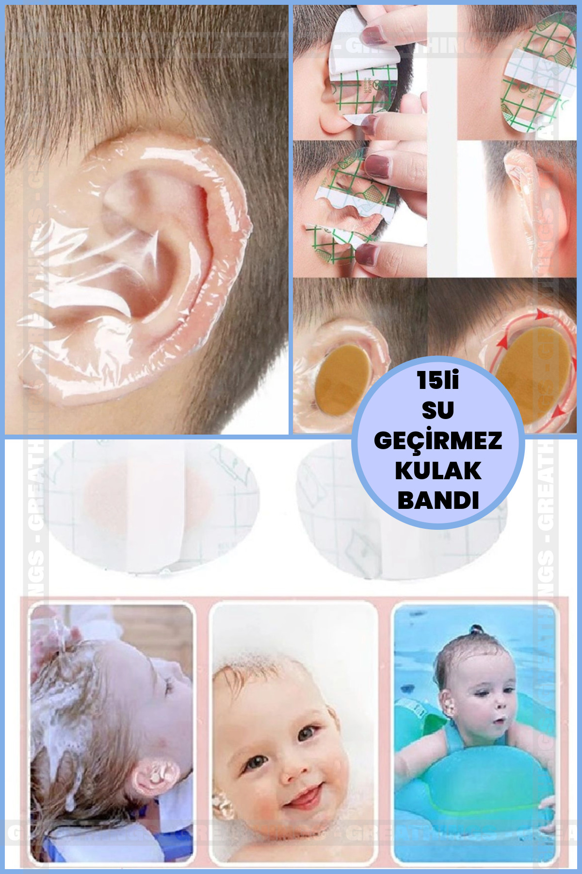 Greathings 15li Paket Su Geçirmez Yapışkanlı Kulak Koruyucu | Tek Kullanımlık Kulak Koruyucu Bant Yüzme Duş